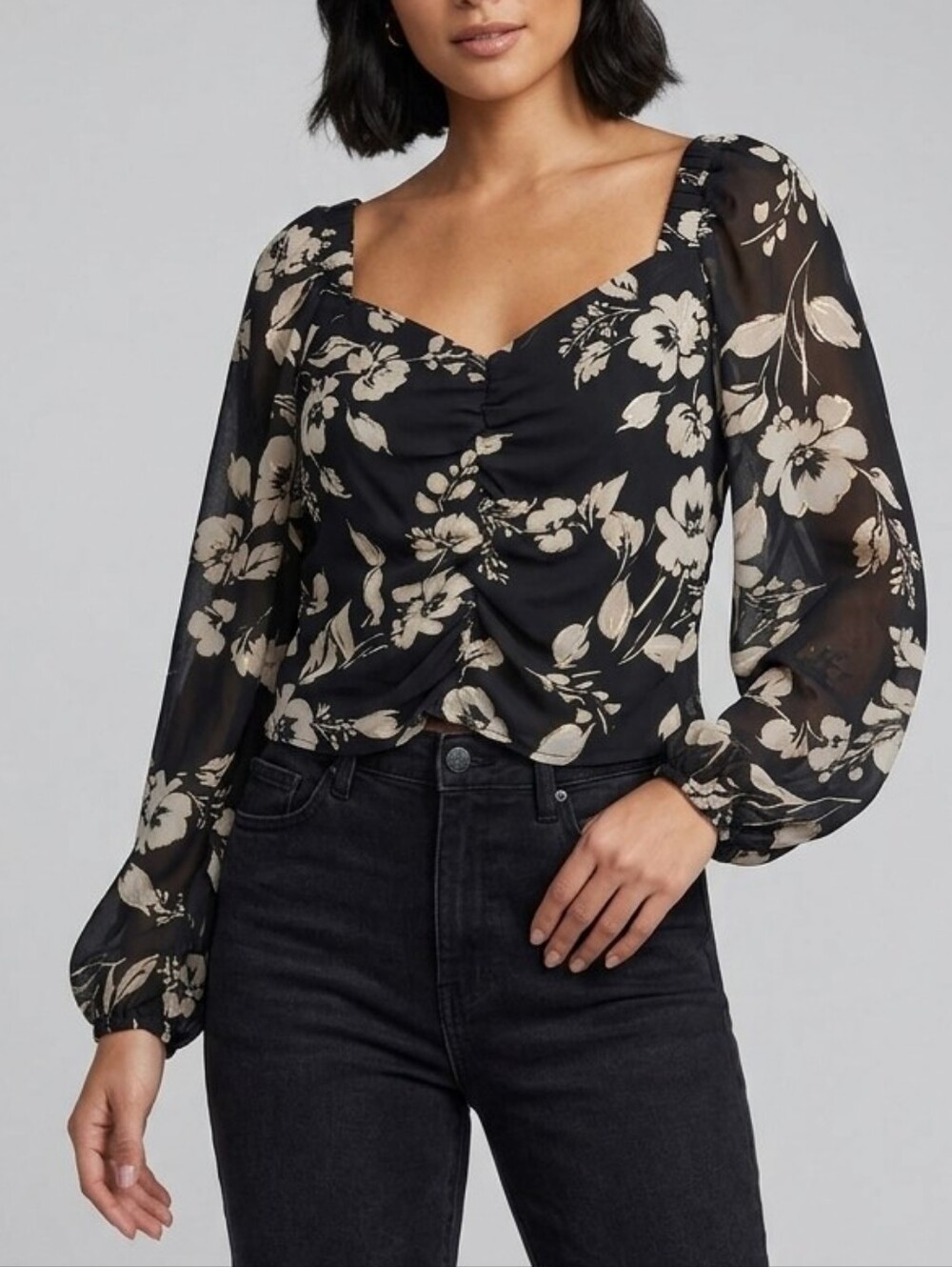 A.BYER black/white floral blouse, split sleeve, smocked, size M